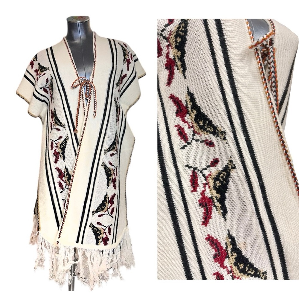 Vintage Bird Pattern Knit Long Split Poncho Jacket Open Front 1970s Womens